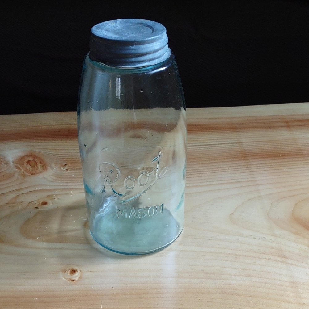 Beautiful Blue Vintage Root Mason Jar with Vintage Lid